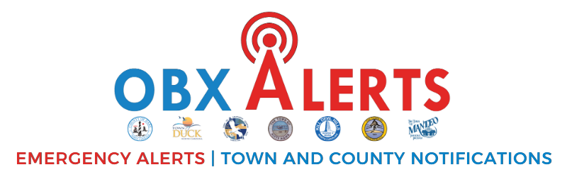 OBX Alerts - Emergency Alerts | Town and County Notifications (Logos for Dare County, Town of Duck, Southern Shores, Kitty Hawk, Kill Devil Hills, Nags Head, and Manteo)