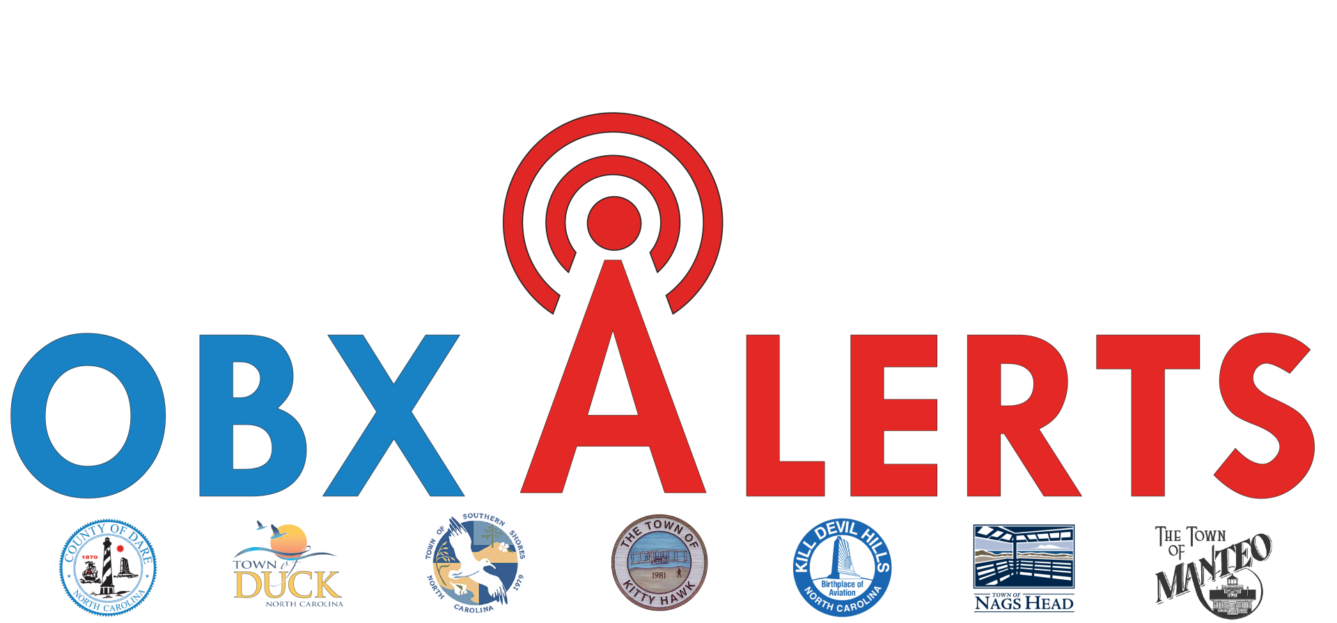 OBX Alerts with Logos for Dare County, Town of Duck, Southern Shores, Kitty Hawk, Kill Devil Hills, Nags Head and Manteo