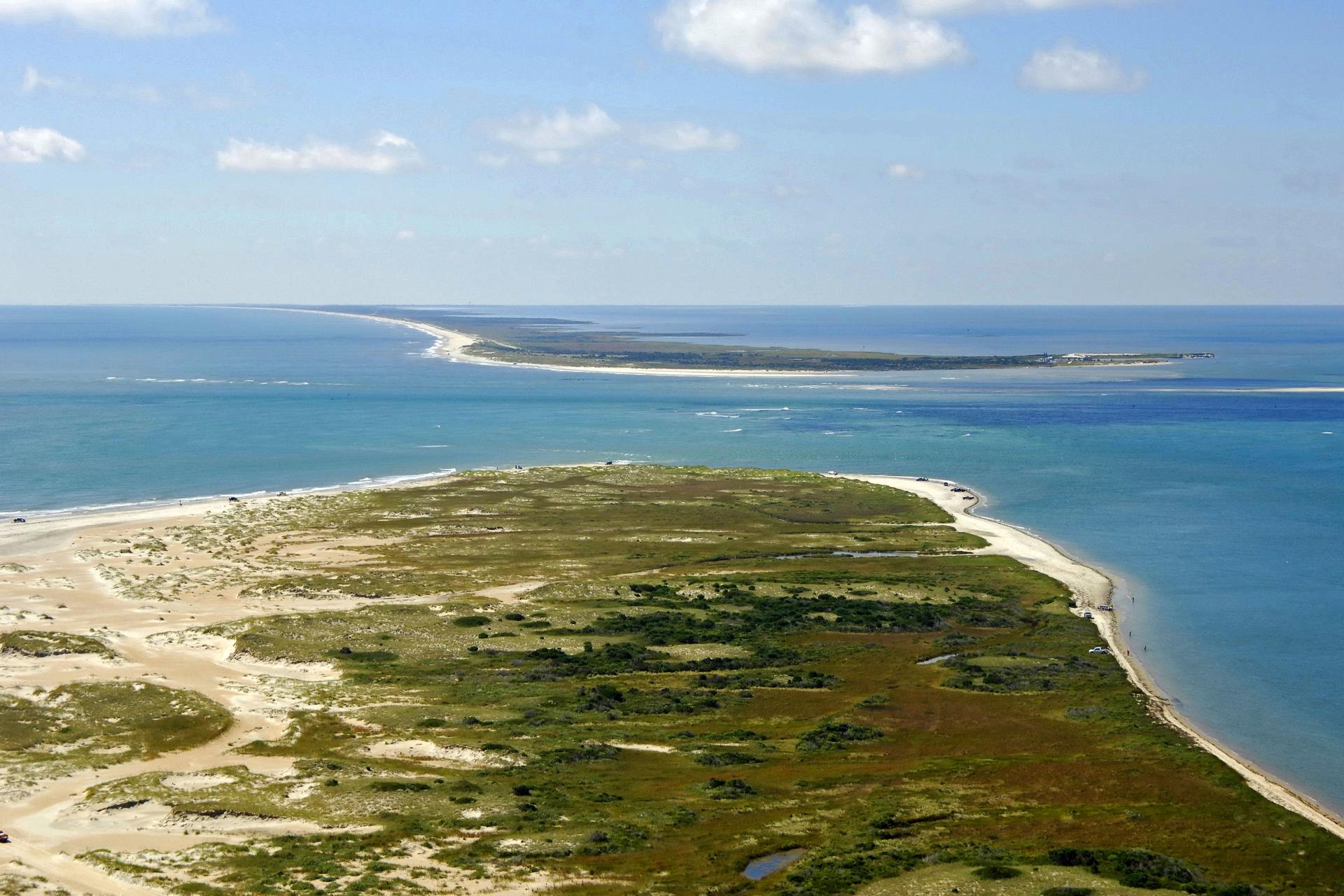 An aerial view of Hatteras Inlet which separates Hatteras Island from Ocracoke Island
