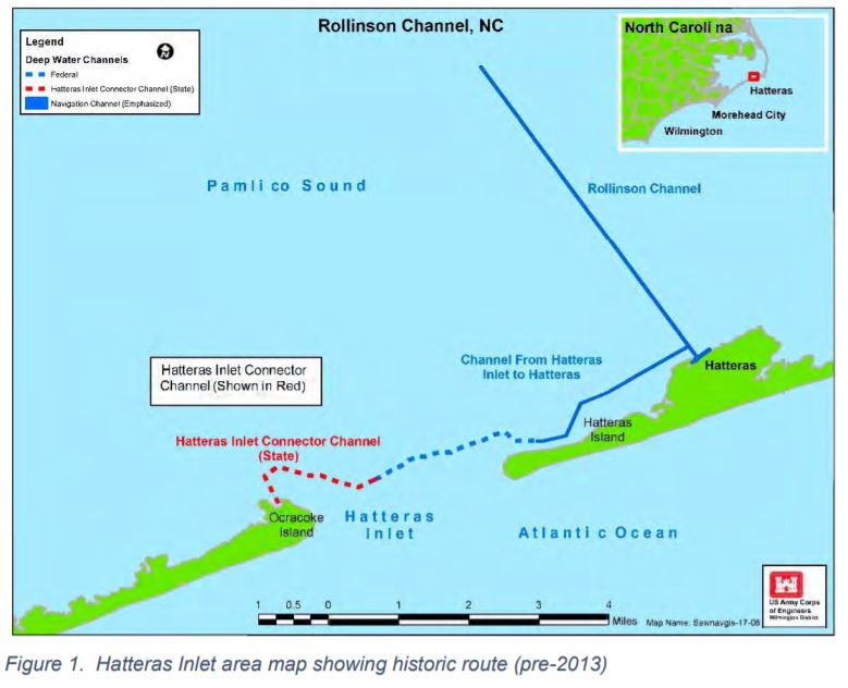A map depicting the original historic ferry route between Hatteras Village and Ocracoke Island.