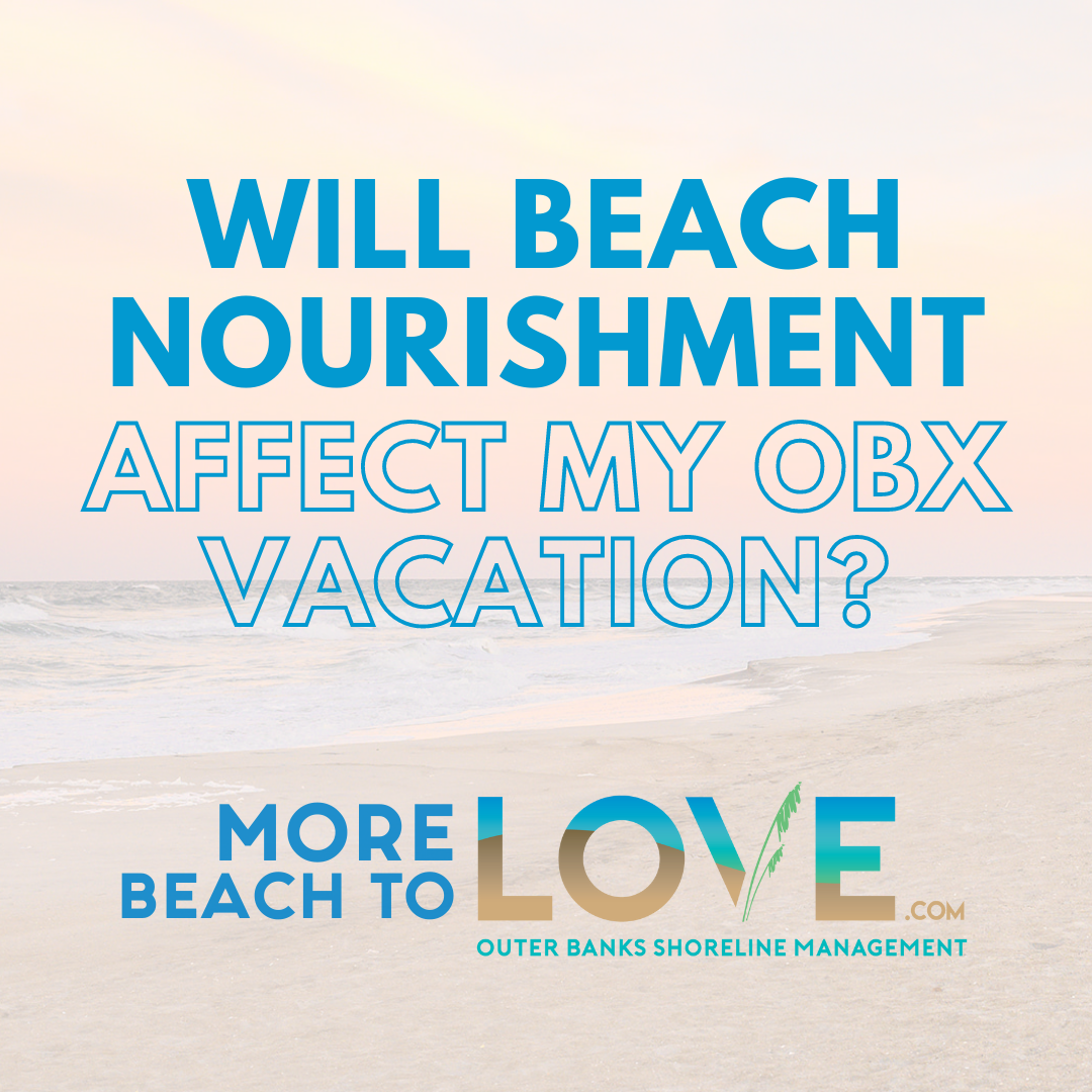 Graphic which reads, "Will Beach Nourishment Affect My OBX Vacation?? MoreBeachToLove.com Outer Banks Shoreline Management"