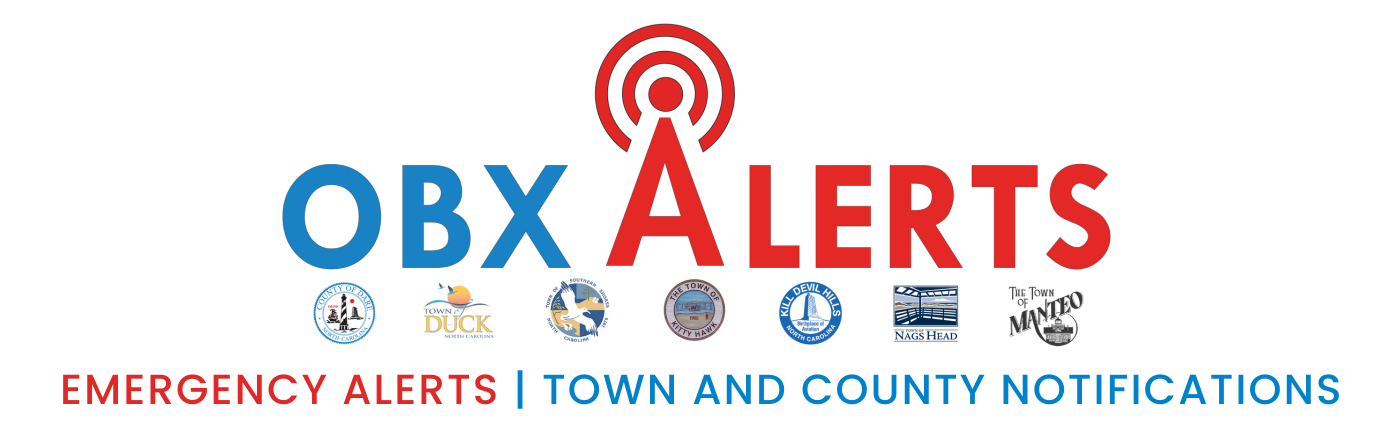 Text overlay reads, "OBX Alerts - Emergency Alerts - Town and County Notifications"