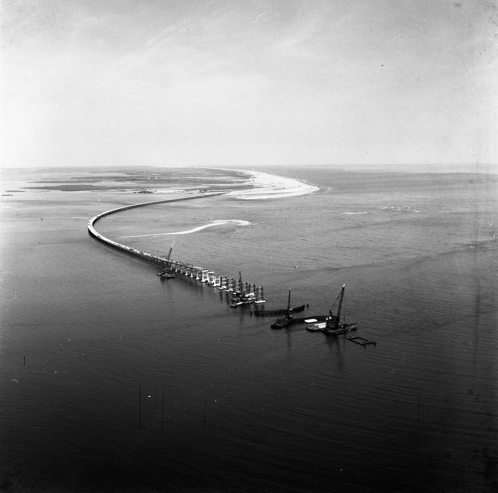 Aerial view of the construction of the Bonner Bridge over Oregon Inlet