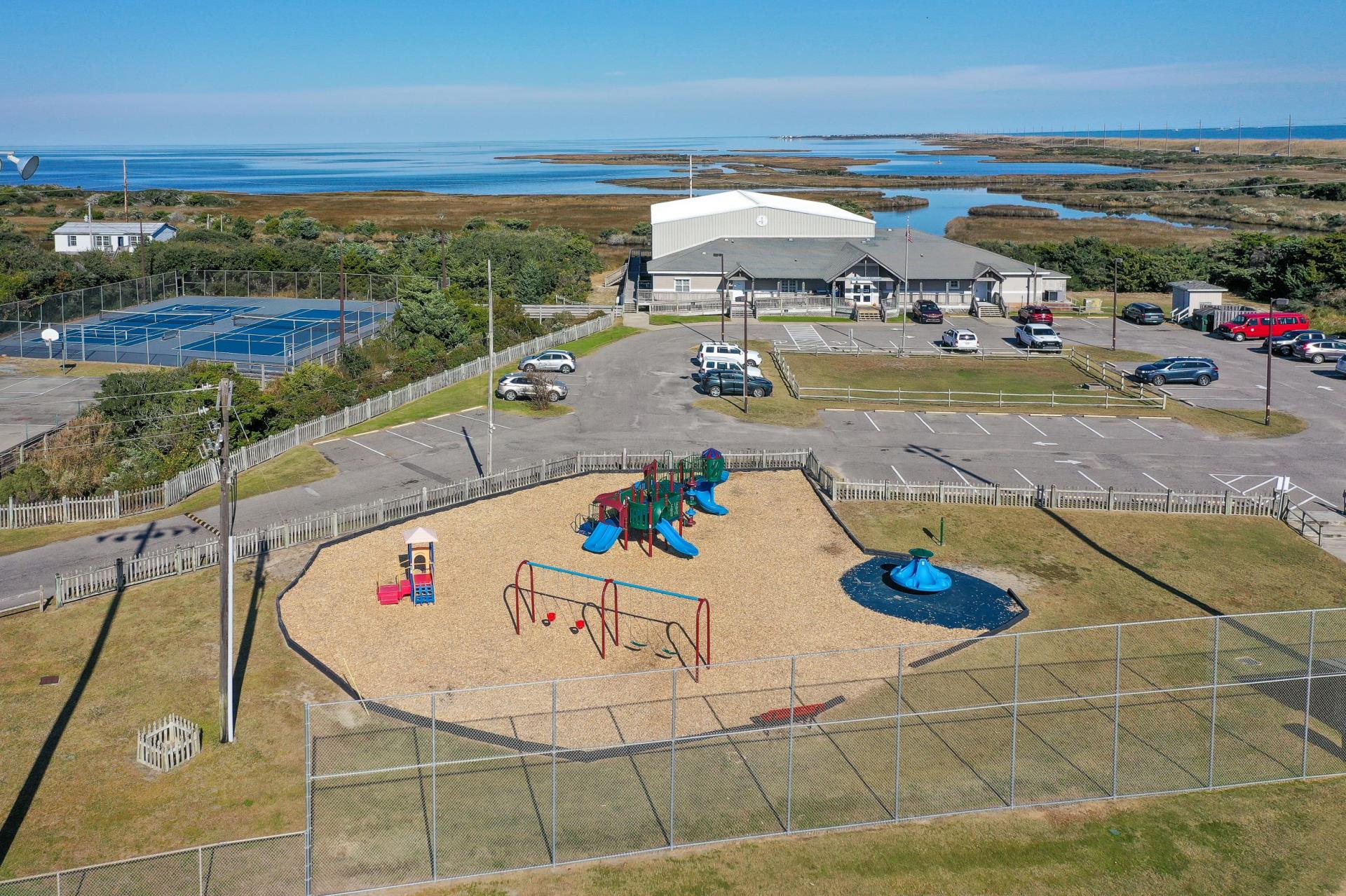Aerial image of the Fessenden Center office, tennis court and playground.