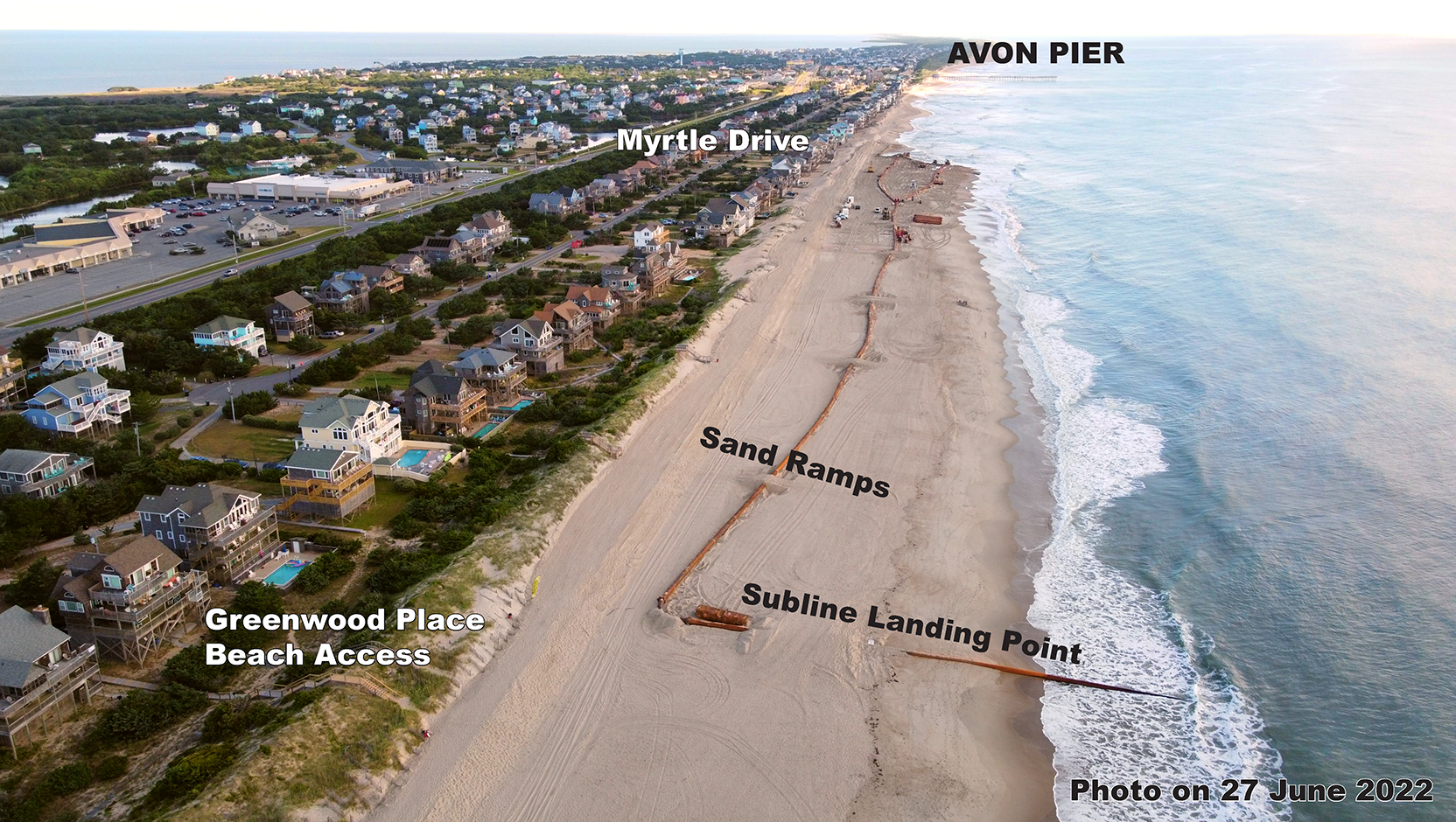 Aerial image of beach nourishing in Avon looking north toward Avon Pier