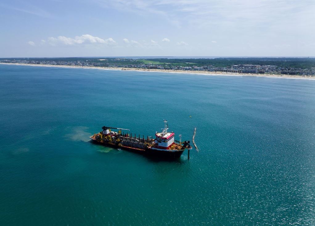 Aerial image of a Great Lakes Dredge & Dock Company dredge during 2022 beach nourishment on the Outer Banks.