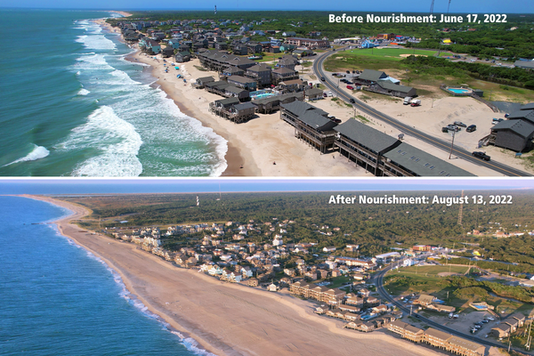 Two stacked aerial images of the beaches in Buxton, showcasing a narrow beach on June 17, 2022 and a much wider beach after nourishment taken on August 13, 2022.