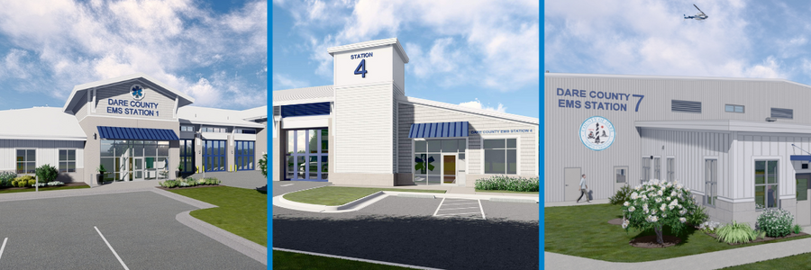 Three side by side renderings of three EMS Stations that will receive renovations.