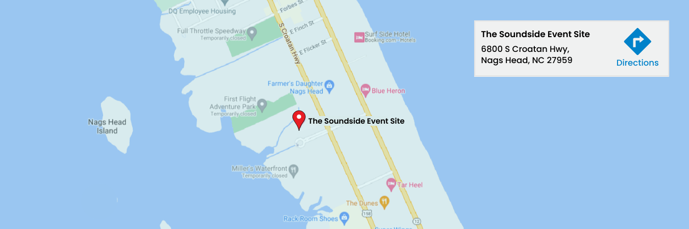 Image of a Google map screenshot with a pin depicting the location of Soundside Event Site in Nags Head, NC.