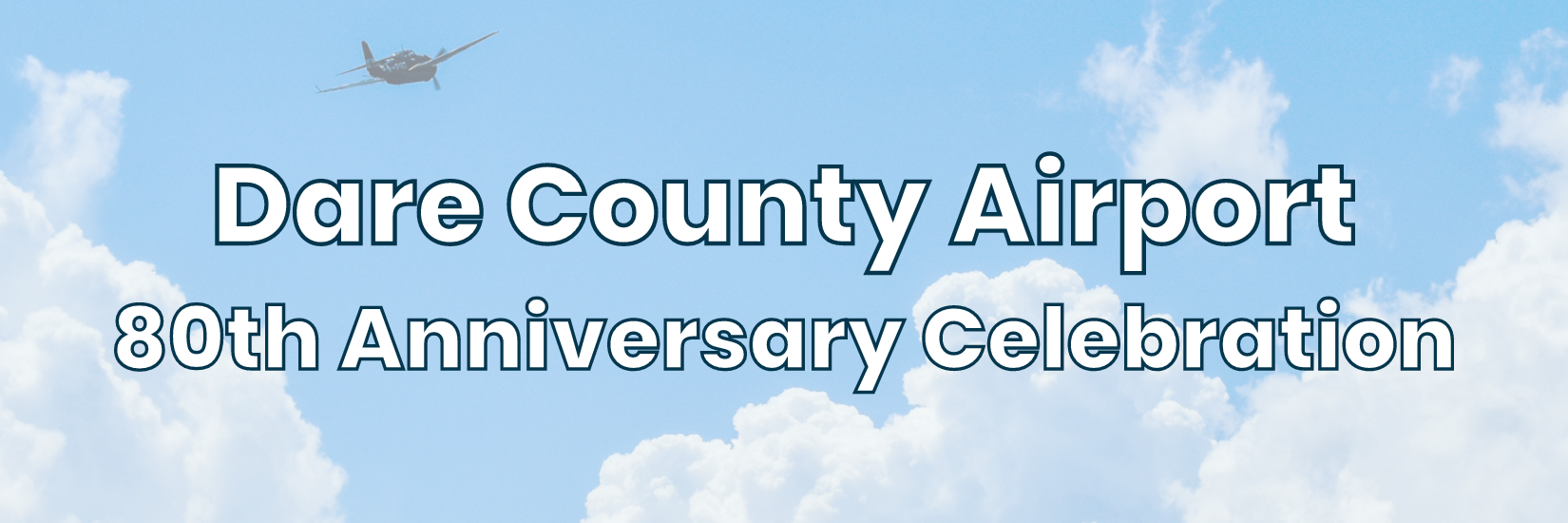 Image of a plane flying high in the sky. Text overlay reads, "Dare County Airport Airport 80th Anniversary Celebration"